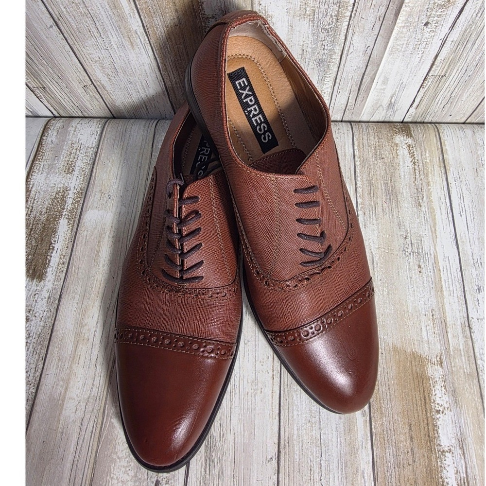 Express Mens Brown Leather Cap Toe Oxford Dress Shoes Brogue Textured  size 9
